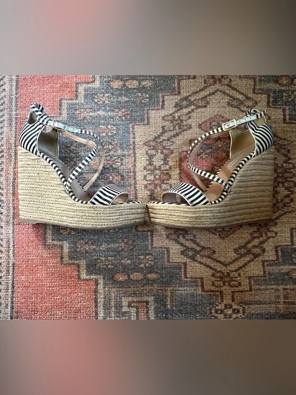 Tabitha Simmons Black and White Striped Espadrille Wedge Sandals